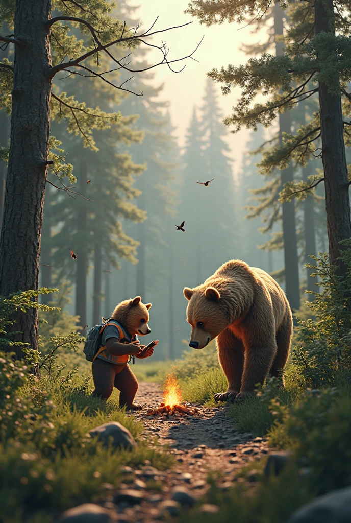 A bear is camping, child,Playing with a blond kid