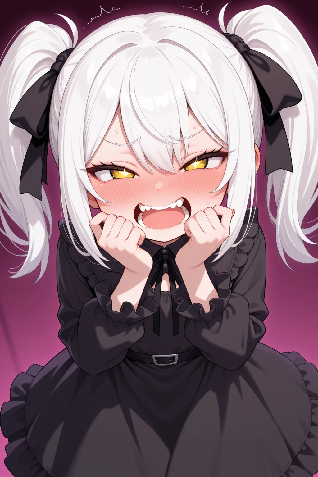 twin tail, black costume, Ragged gray background, desapair eyes, 1girl, (cute girl), saliva, open mouth, looking at viewer, upper body, nails polish, fangs, band aid on arm, teeth, solo, frill, maid costume, zip up