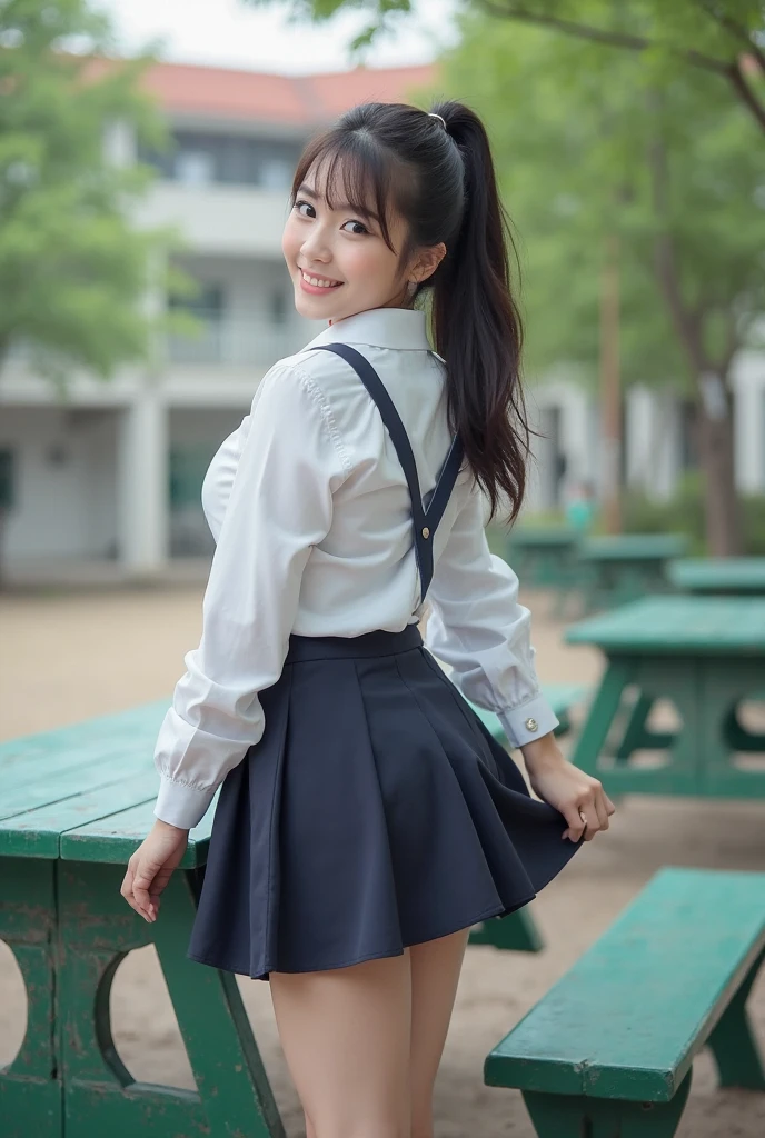 Pure Japanese school girl, sexual attraction, natural body, shiny white skin, wearing uniforms, natural ponytail, no makeup, impressive big brown eyes, pure smile, professional portrait photography, dazzling summer sunlight,