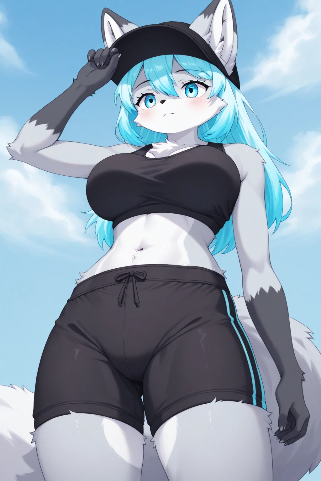 (Masterpiece) (High Detail) (High Res) A short humanoid girl with pale human skin and long blue hair and blue dog ears and a fluffy blue dog tail and average breasts. She is stood in the park wearing a white crop top and black panties and thigh-high stockings.