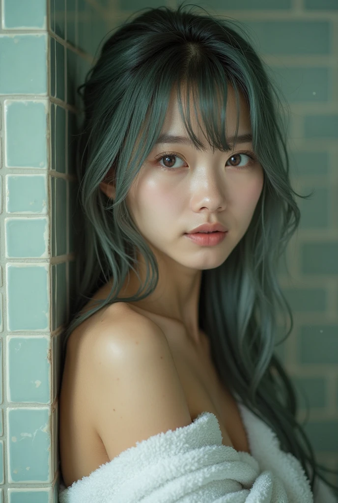 cosplay natural woman non-asian and cute and sensual and in his bathroom ,shes using cute clothes , aqua ambient, hair have fantasy aspect and aqua-green color, high detailed hyperrealism