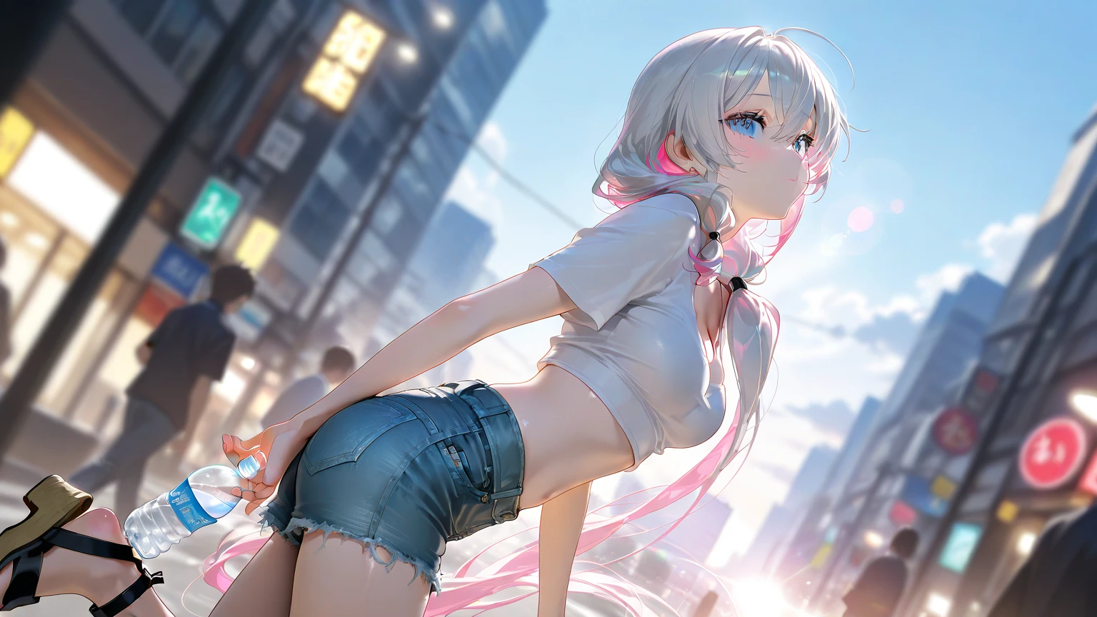 1girl, Angle from below:1.8, The girl bends forward to show off her breasts、legs apart, (Blade), (Tanned shiny white skin:1.6)、Glowing Eyes, ((Sexy evil grin)), (10 years old girl), rainbow color hair、Twin tails、forehead、breasts, pink rips, cape, ((((arabian white clothes, see-through)), (headband), ((ripped low rise jeans)), Jeans are open、small breasts, (jewelry))), ((City)), ((focus crotch)), (crotch), ((sneaker)), ((girl on top)), Angle to look up at the crotch、