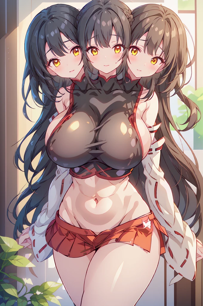 (masterpiece, best quality), best quality, (ultra-detailed), ((3heads:1.5)), 1girl, (reiuji utsuho:1.3), masterpiece, best quality, ultra quality, ultra resolution, ultra detail, white top, crop top, ((stomach)), midriff, ((groin)), dark green skirt, normal ears, shackles, black hair, very long hair, wavy hair, sidelocks, red eyes, detailed eyes, beautiful eyes, parted lips, sweat, cute, toned belly, hand on own chest, eyelashes, (23 year old woman:1.3), (masterpiece:1.5), (best quality:1.5), (beautiful detailed), extremely detailed CG, extremely delicate and beautiful, depth of field, (finely detailed face), (perfect details:1.2), (mature female:1.3), wide pelvis, slender, large veiny breast, 16k resolution, highres, high quality, high definition, extremely detailed, masterpiece, best quality, black hair, long hair, alluring presence, braid, short skirt, close up, very big tits, huge tits, young, green bow, hair bow, wings, midriff, nsfw,
