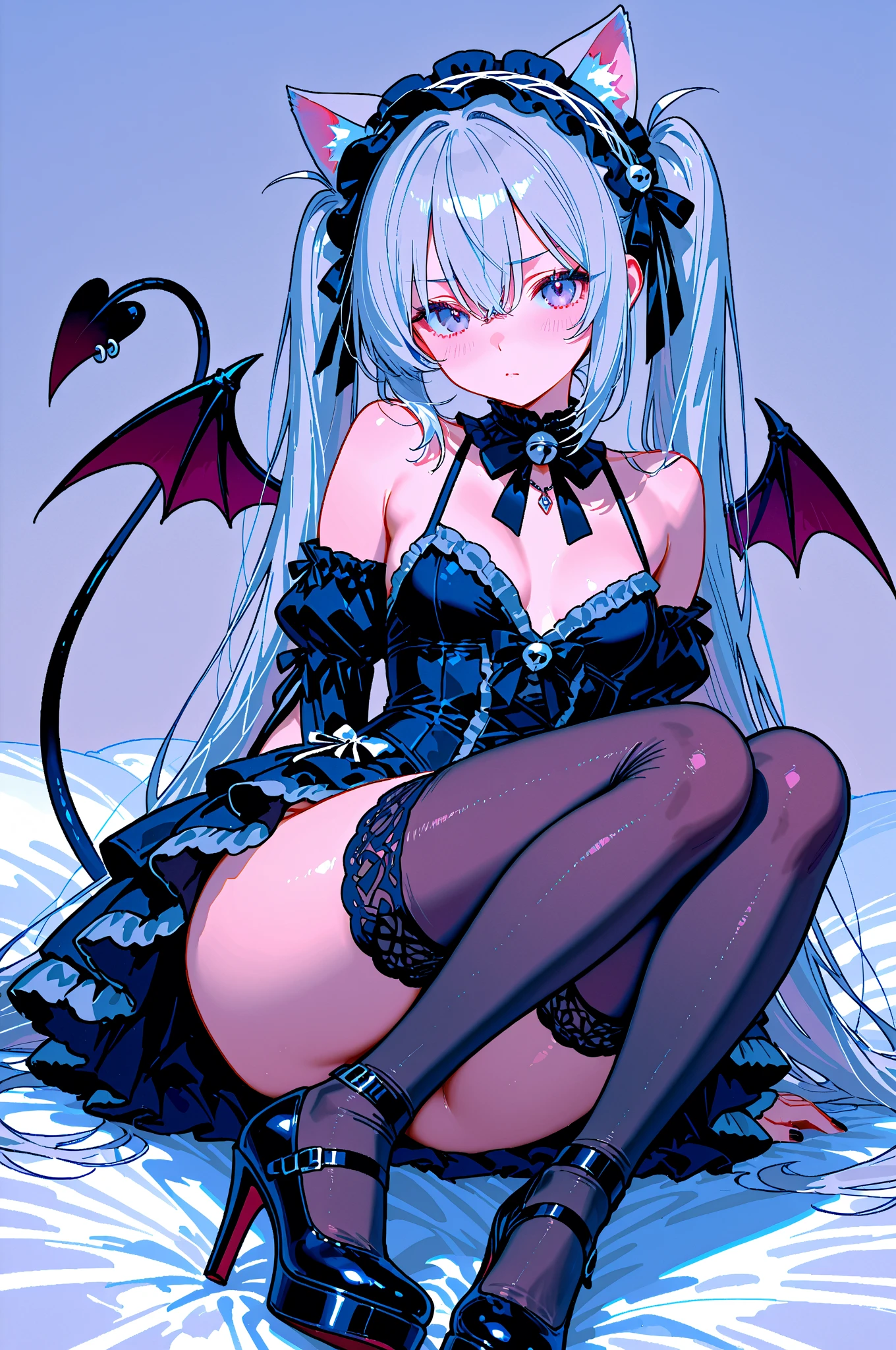 masterpiece,1girl,solo,cat ears,twintails, hair over one eye, demon_wings,small breasts, blue_eyes, blush,open mouth, low wings, torn legwear, (kneeling:1.3),bound arms, ((bondage)),shibari,rope,(arms behind back:1.4),indoors,