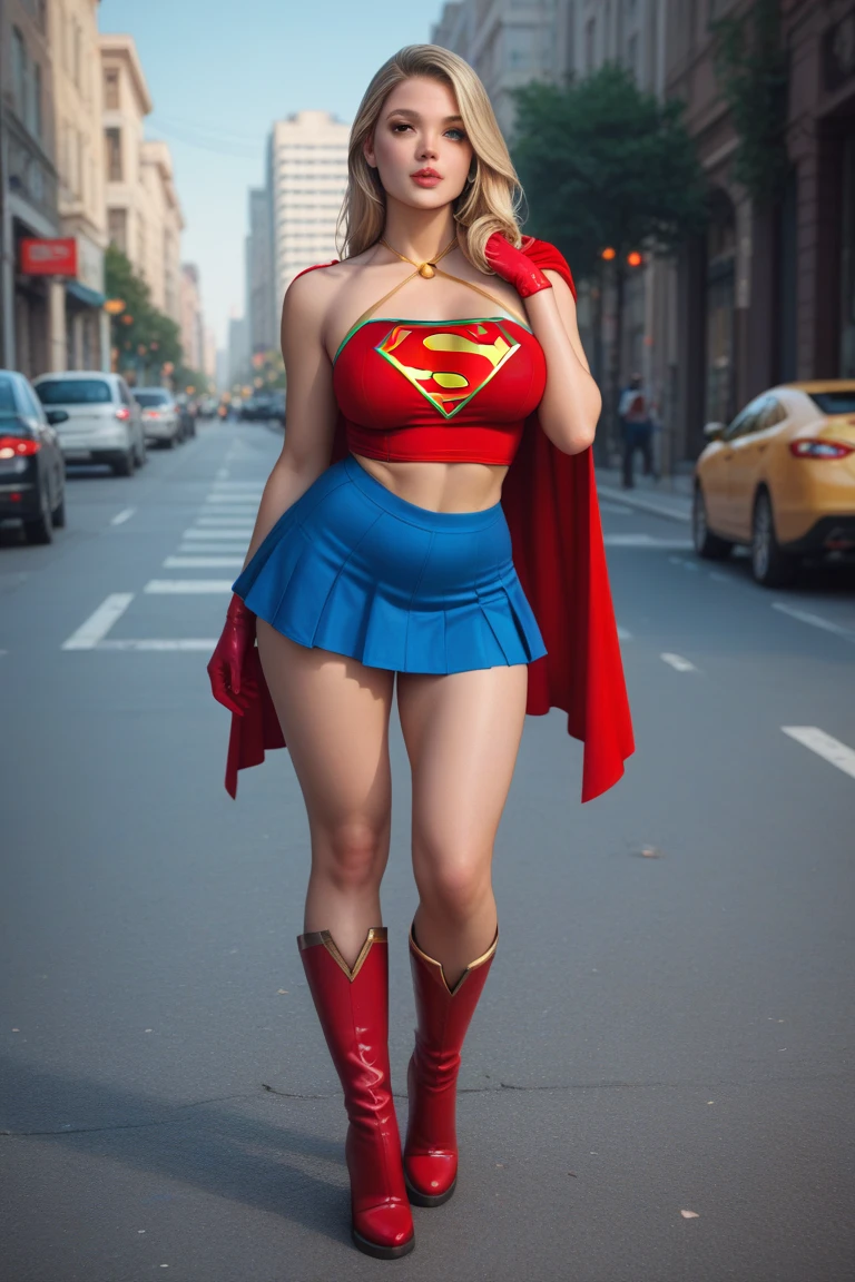 ull view of A SEXY CURVY FEMALE WITH DARK BLUE EYES AND MEDIUM MESSY GOLDEN BLONDE HAIR WEARING A CLASSIC WHITE SUPERGIRL LONG SLEEVED CROP TOP COSTUME, A SHORT BLUE PLEATED SKIRT WITH A YELLOW SUPERGIRL BELT, RED HIGH HEELED SUPERGIRL BOOTS, AND SHORT RED SUPERGIRL CAPE WITH YELLOW TRIM. , incredibly detailed skin and eyes, seductive poses, 8K resolution, masterpiece, ultra-detailed, realistic, photo-realistic, vivid colors, dramatic lighting, THICK CHESTED.