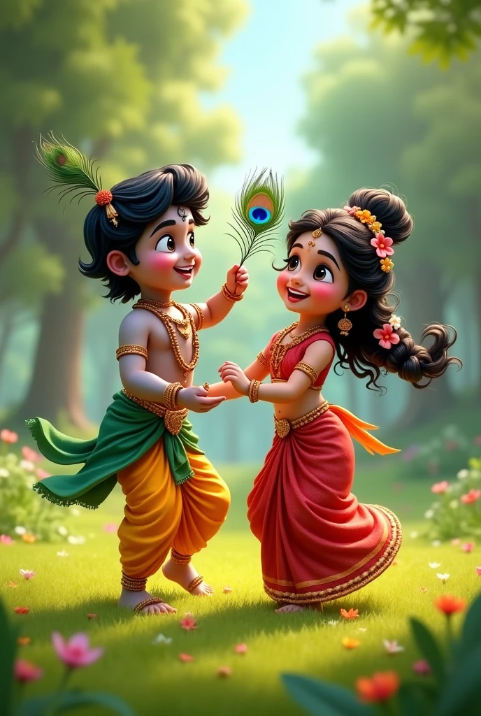 Cute baby lord krishna with a feather on his head is being mischivious there is a small clay pot of butter kept and his mother who looks like a goddess is trying to catch Krishna's ears who is trying to run away, on a plain background