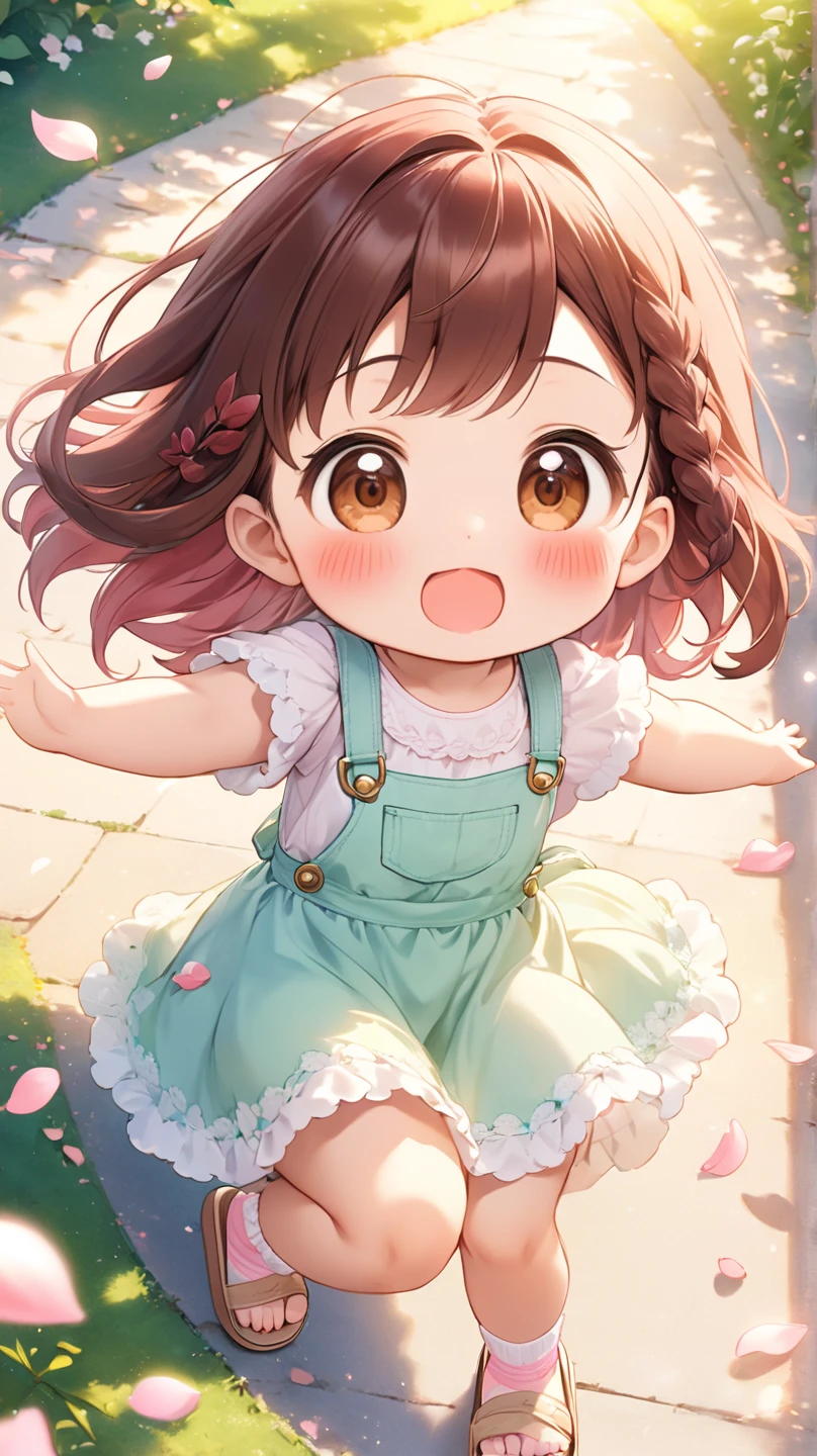 Highest quality、High resolution、Detailed Background、(Beautiful face in every detail:1.4)、Anatomically correct、(Detailed facial expressions)、(fine grain:1.2)、Teenage Beauty、Cute hair color、Braided Ponytail、Braided bob cut、Braided twin tails、Lower grade primary school students, (Pastel colored sleeveless summer dress:1.5）、Long skirt、Perfect body line、((Raise your hands and jump off the steps:1.5))、The skirt flutters、Just before landing、Full body shot from the front、Close-up of the mouth、(Sweaty:1.5)