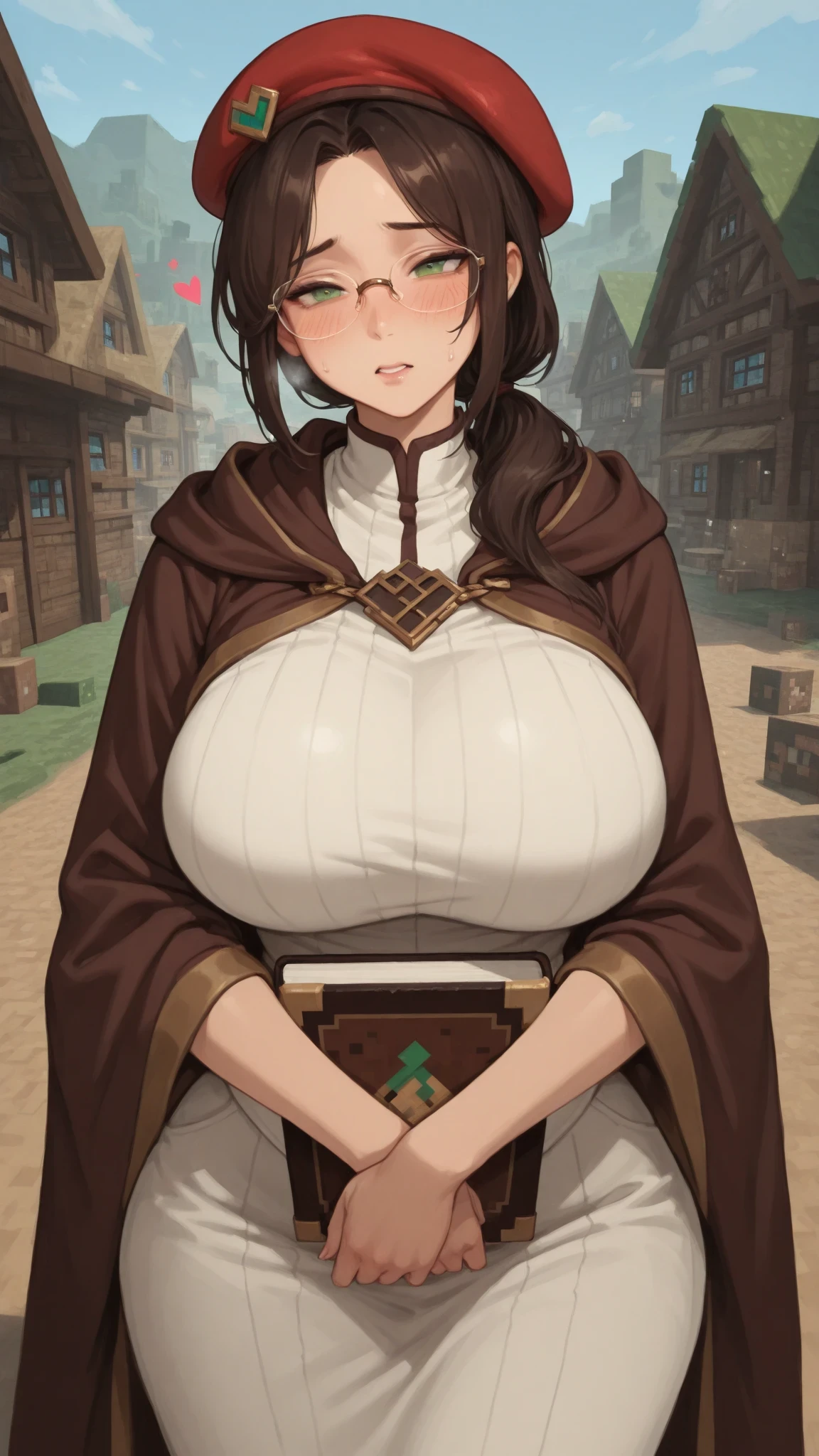 Solo, female, , big breasts, open mouth, surprised, shocked expression, hairbun, glasses, tan skin, tunic, cloak, fantasy village