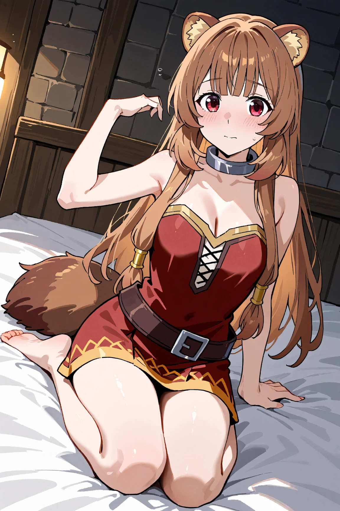 Raphtalia woman 35 years old, enojada, ceño fruncido, furia, Voluminous brown hair, by the floating, lion ears, cabello revuelto, voluminous fur, big breasts, babydoll trasparente , fondo una cama