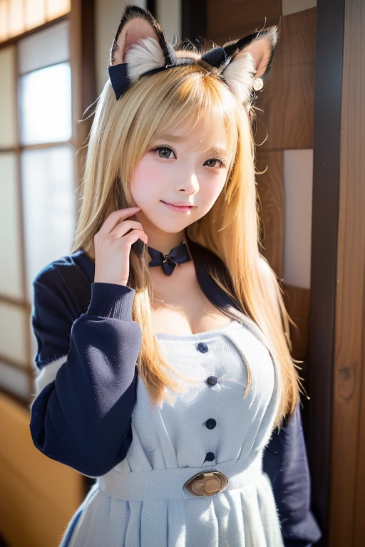 (best quality), 1boy, male, femboy, porcelain skin, blonde hair, straight hair, long hair, swept bangs, cardigan, skirt, brown eyes, perfect eyes, (wolf ears), (wolf tail), collar, flat chest, smile, masculine, masterpiece, anatomically correct, highres