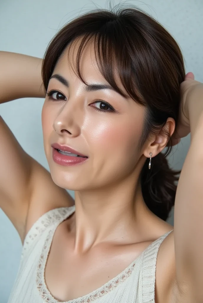 ((highest quality、8k、masterpiece:1.3)), Ezvian everywhere, Long legs, Sharp focus:1.2, Beautiful woman with perfect figure:1.4, Slim Abs:1.1, ((Dark brown hair、Shortcuts、Huge :1.2)), (Blue high-leg retard), Highly detailed face and skin texture, fine grain, double eyelid, 35-year-old woman、, Highly detailed face and skin texture, fine grain, double eyelid, Opens the chest, (Glowing Skin,)Face close-up, ((Gray background)),slave,Raise your arms and place them behind your head,Fan out from below,teeth, ((彼女teeth足を大きく広げてカメラにまたがる.,))Straight nose,Beautiful Japanese actresses,((The crotch bites into the pussy))