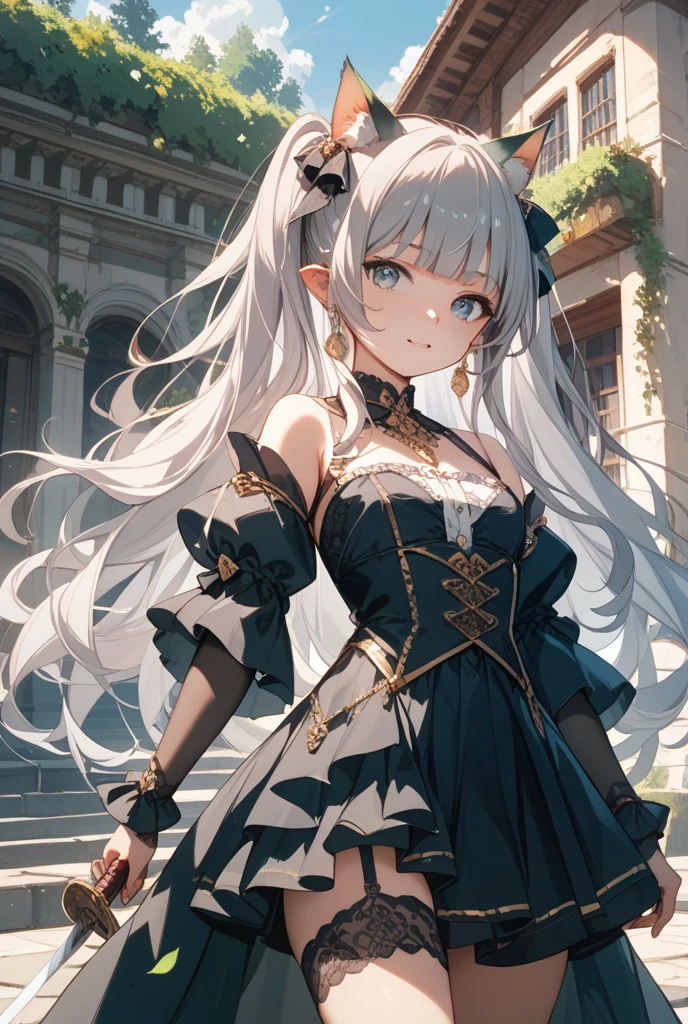 SFW, masterpeice, highres, 1 Girl, solo, standing, looking at the viewer, white long hair, cat ears, blue pupils, detailed eyes, detailed face, blushing, light pink lips, fishnet stockings, calm, intellectuals, three bangs, blue short dress, lace gloves, village, mountains in the background