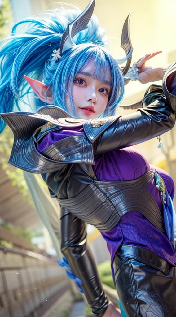 1Indonesian_girl_face, solo, pointy_ears, breasts, red_eyes, cleavage, large_breasts, colored_purple_skin, purple_lips, blue_hair, lipstick, purple_skin, short_hair, makeup, upper_body, horns