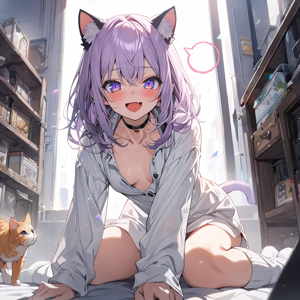 ((Nekomata okayu)), ((Masterpiece)), ((best quality)), (Anime:1.3), (super detail:1.2),(High Definition:1.3), (Professional Photography:1.2), (sharp focus), (perfect light), (wide shot), Textured skin, 1girl, (Cute teenage beautiful Girl), ((loose white buttoned shirts)), undress buttoned shirts, (exposed Beautiful medium breast), (exposed cute nipple), (looking at viewer), (Beautiful daiamond eyes:1.3), glitter eyes, (put on cat ears), Pale purple hair, medium hair, blush, ((anguished look)), (Open mouth), Slender body, medium breasts, Glossy lips, slighty exposed Beautiful thigh, BREAK, ((Masterpiece)), ((best quality)), (super detail:1.2), (After sex:1.3), (mist effect), Sitting on dirty and cheesy bed, (nighttime scene), NEKOMATA_OKAYU(HOLOLIVE), cat_ears, beautiful_purple_eyes, (multicolored_eyes), 1_beautiful_girl, cute_face, perfect_quality, perfect_anatomy, ahoge,