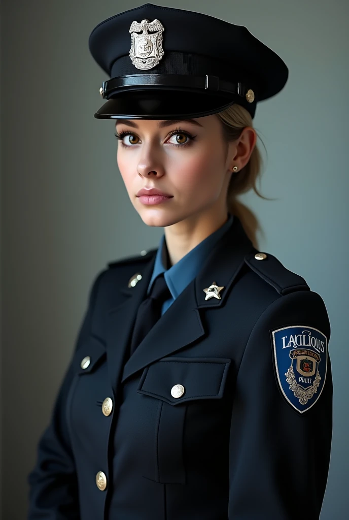 Create an image of a stunningly gorgeous beautiful female police officer, stunningly gorgeous beautiful perfect sexy face, stunning makeup, hair in bun, large breast, slim waist, curved hips, perfect round ass, realistic police uniform,