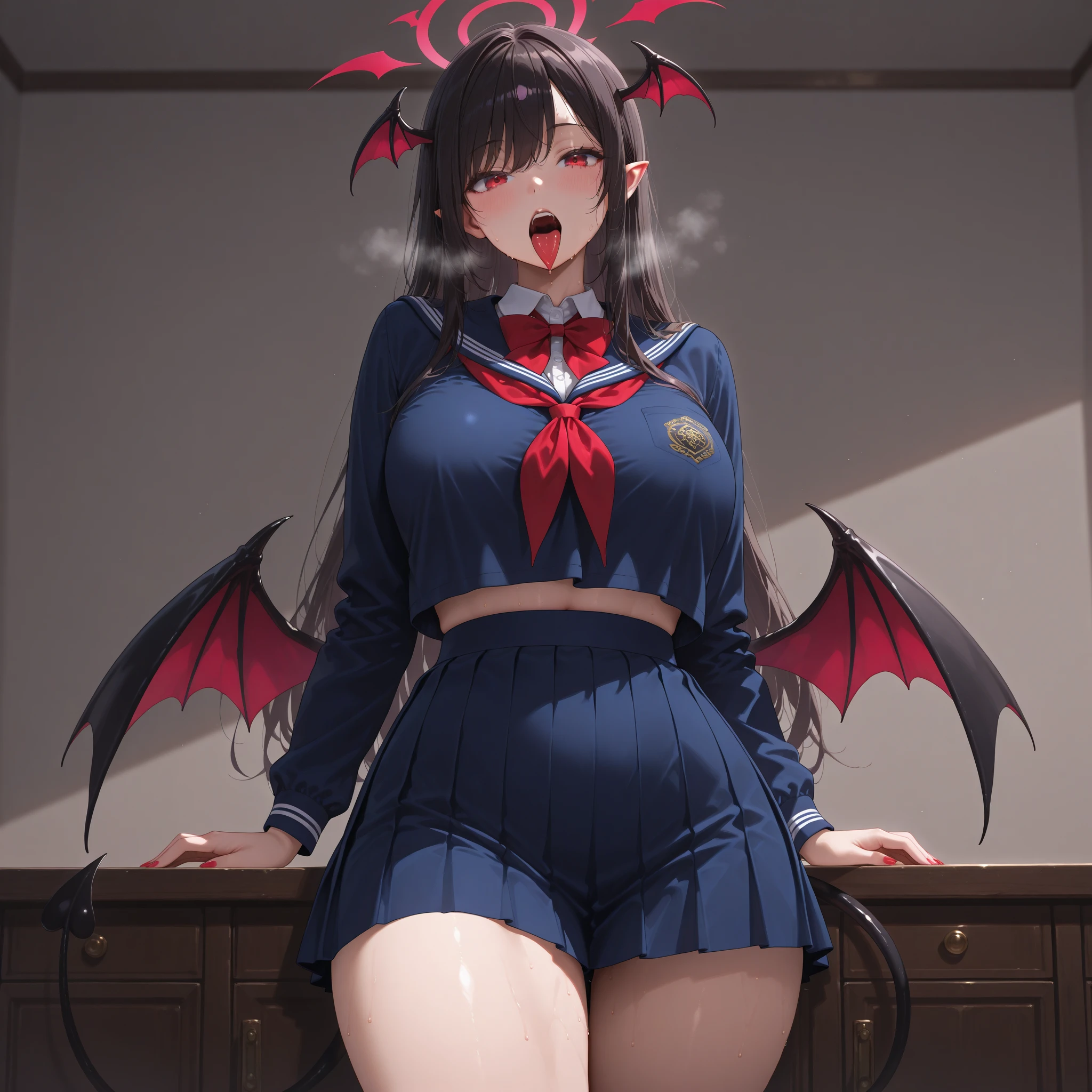 (detailded), (((bat girl))), (((murcielago))), big ass, grey skinned, black wavy hair, ((mini-skirt)), (((pink pussy dripping))), (((Freckles on the face))), (((office worker suit))), maya stockings, ((at a park))