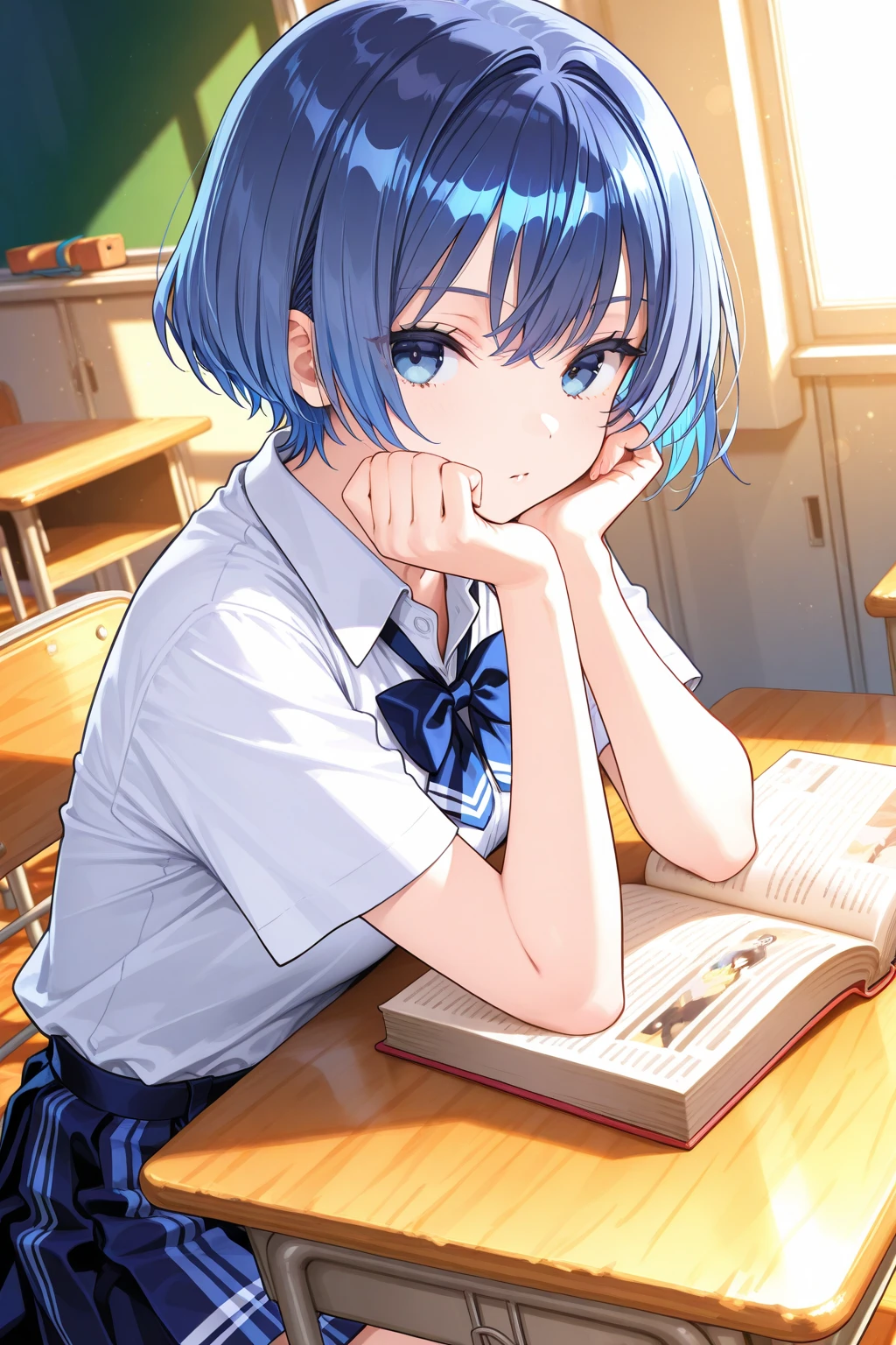 1girl in,teens girl,小柄,small tits,Blue hair,short-haired,straight haired,Okappa,deadpan,atlibrary,ultrasharp, 8K, masutepiece,Holding your knees,Physical education sitting,read a book,the witch