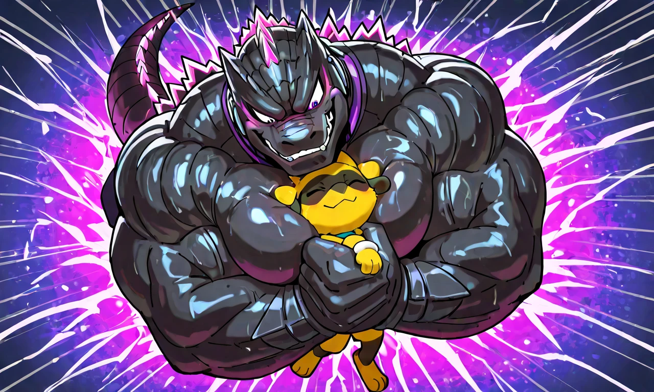 giant godzilla wrestler, small feral riolu, wresling, submission hold, [godzilla:lying on back, head lock, crossing arms, hugging, arms around neck, heavy weight bulky fat, giant plump muscular body, thick arms, big pectoral muscles, venis popping, evil grin, looking down, wearing black spandex, electric body, sweaty], [riolu:lying, head between pecs and arms, pain, closing eyes, open mouth], size difference, motion blur, motion line, wrestling background, lightning thunder trails, fullbody, from above
