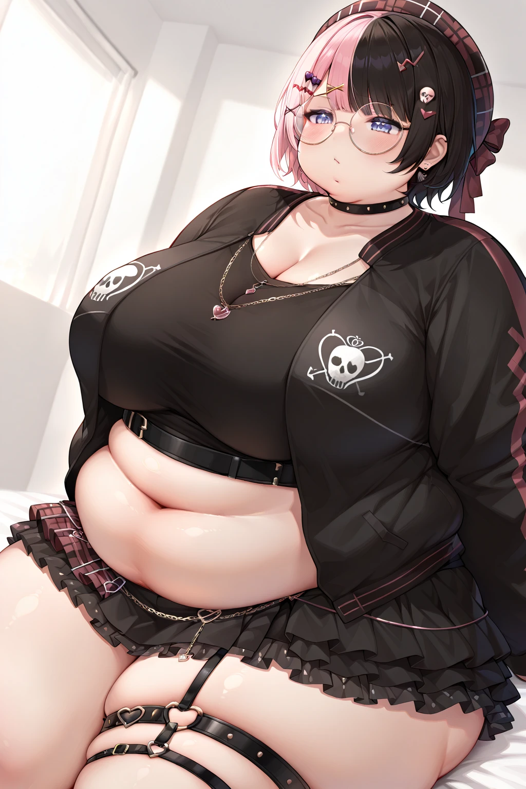 masterpiece, best quality, obese kafka, purple eyes, obese body, fat belly, fat arms, big cheeks, thick thighs, sunglasses on head, collared shirt, black shorts, pantyhose, upper body, (huge breasts:1.6), looking at viewer, furrowed brow, angry