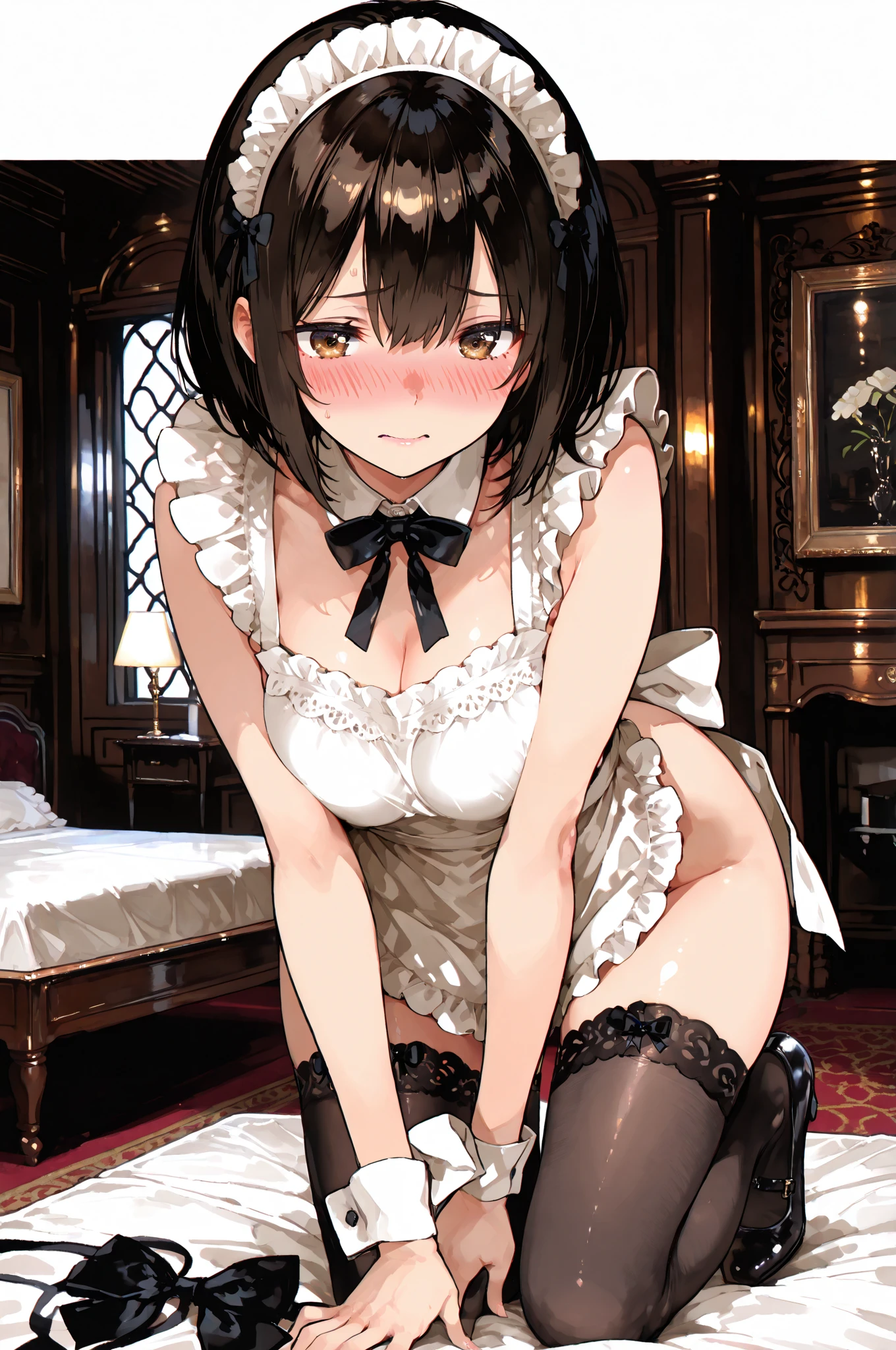 masterpiece, best quality, 2girls, 10yo, (petite), cowboy shot, from below,
 seductive smile, open mouth, standing, maid, open clothes, clothes lift, small breasts, nipples, pussy, garden,