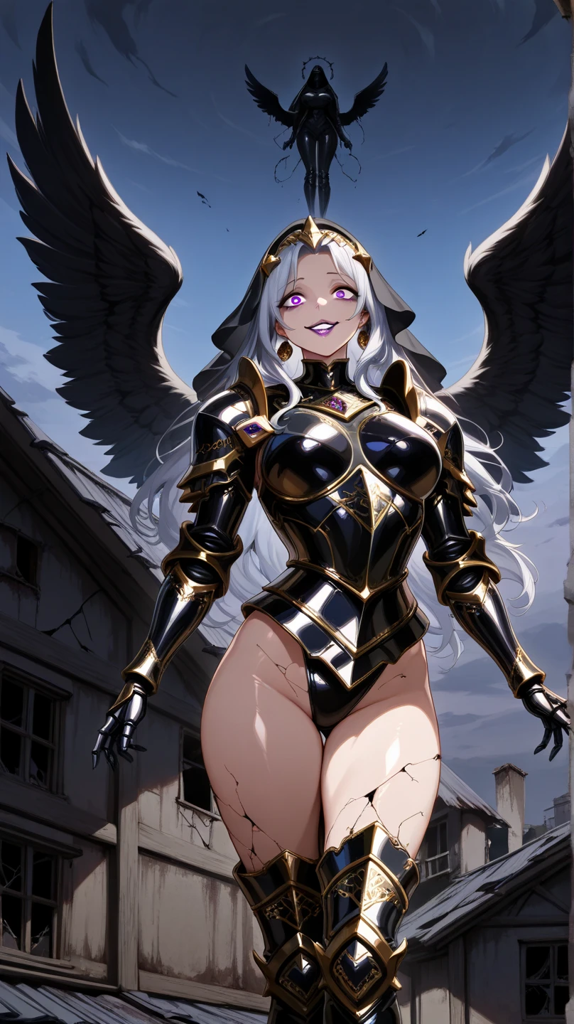 fantasy, 1angel_girl,, ,brown_hair, medium_bob_hair, long_bangs, halo,bare_shoulder,thighhighs,silver_armor, waist_armor, large_breasts,angry,grinning,open_mouth_teeth, 1pair_wings, dynamic_pose_fighting,floating, bare_crotch, headgear,gauntlet, greaves,city_sky_background,slightly_spread_legs, solo, groin_naked,dark_skin,