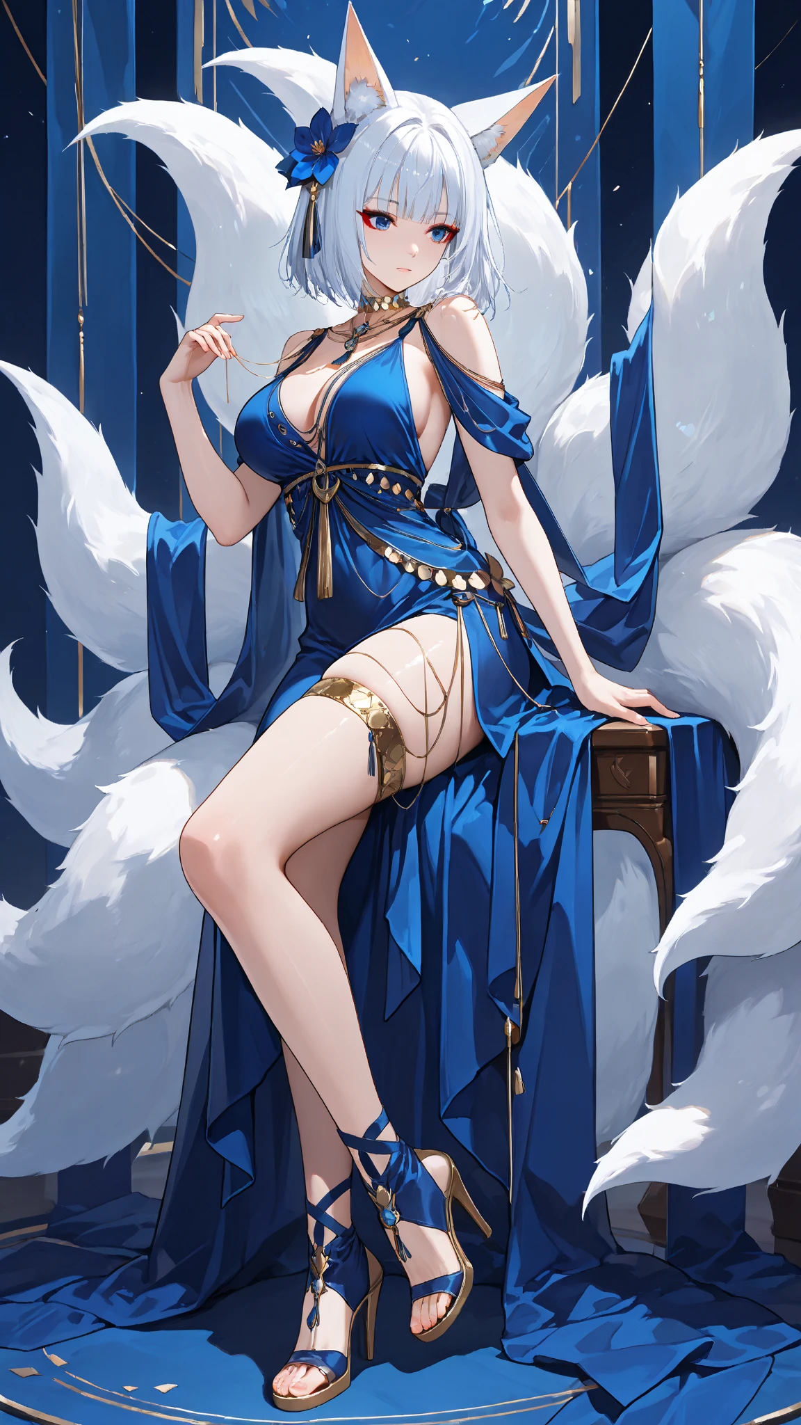 Solo, score_9,score_8_up,score_7_up, source_cartoon, source_furry, ahri from league of legends, standing, indoors, wearing skimpy elegant silk robes, yellow eyes, animal ears, 6 fox tails, indoors, sexy pose, indoors in a magical palace, sitting on an elegant ottoman, legs crossed, barefoot, perfect soft feet