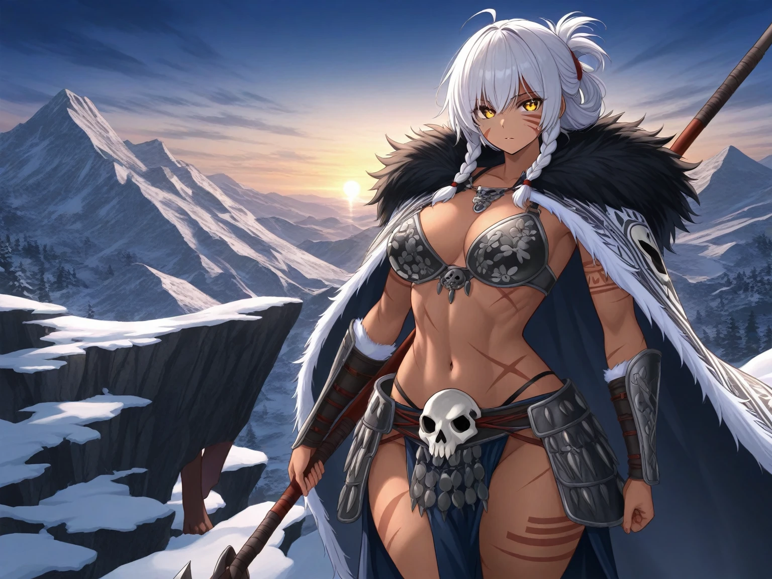 Gnoll woman, woman, green eyes, black fur, spike collar, Gnoll woman, big , big tighs, smile, 4k, hd, pretty face, messy hair, menacing, acurrate eyes, sharp pupils, wild, scary look, holding an axe, Axe, with hair with Rastafarian braid, (human head), (Mohican), (tribal clothing), exposed belly, (White hair)