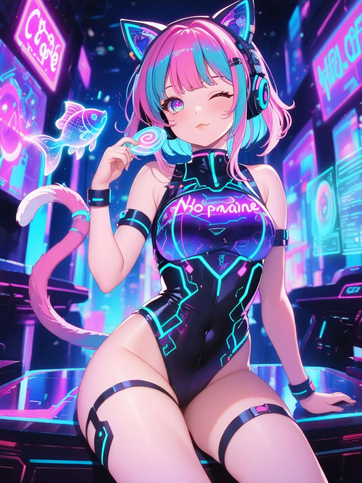 depiction of a cyberpunk cat girl, using a neon color palette of blues, greens, and purples, cyberpunk, android girl, background, score_7_up, score_8_up, score_9, abstract, cyberpunk background, detailed eyes, one cute fang, cybernetic implants, android, slit pupils, cat eyes silhouette, 1girl, score_9, score_8_up, score_7_up, highres, masterpiece, cowboy shot, young girl, tinyy proportions, loli:1.5, tinyy chest, skimpy neon hologram cyberpunk outfit, high cut, cutout, tight, no human ears, cybernetic neon cat ears, furred arms and legs, neon cybernetic cat tail, digitigrade legs, dynamic erotic pose,