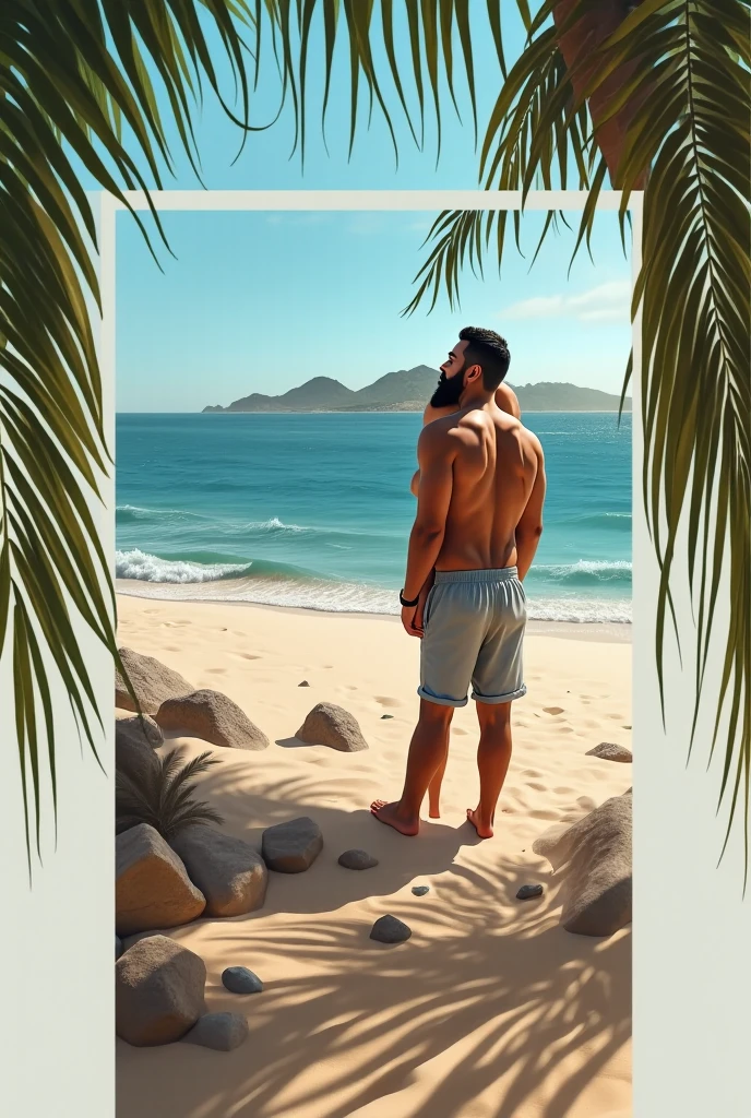 There is a strong, hairy, bearded, very hairy mixed-race man in red underwear posing for a photo standing on a rock at a viewpoint at the end of a paved road with a privileged view just below a large lagoon of brown waters and a white sand beach with many people..
