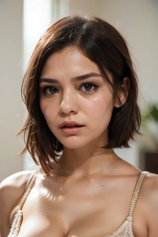 (17 years old girl, a bacchante), (long loose wavy black hair), well formed facial features, calm peaceful happy expression, sexy, sensual, glowing pale white skin, (Ultra-realistic:1.5), High resolution UHD, (masterpiece:1.2)), (Improvement of quality:1.4), (Very beautiful facial details), (Highest quality realistic skin texture:1.4), (Perfect Anatomy:1.2), Accurate Fingers, Very detailed, Symmetrical eyes, Fine eyelashes, Thinly trimmed eyebrows, starring at the viewers, Natural Makeup, chapped lips, ((A good brown eye for quality:1.2)), ((soft wave long black bob hair:1.3)), ((thick hair)), (shinny black hair), ((Bangs up to the eyebrows)), ((Captured in exquisite detail and high resolution with Hasselblad X2D 100C with a 90mm f/2.5 lens, the image exudes a sense of purity and innocence. Every nuance, from the pores texture of her skin to the softness of her chapped lips, is portrayed with astonishing realism. Bathed in natural lighting, her pale skin radiates a soft glow, adding to the ethereal quality of the scene))