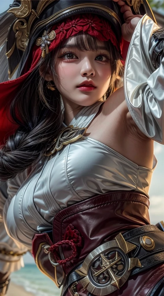 medieval setting, fullbody view, female, green eyes, black hair tied to a bun, strapless midi dress, red scarf around her neck, flowy arm sleeves, silk gloves