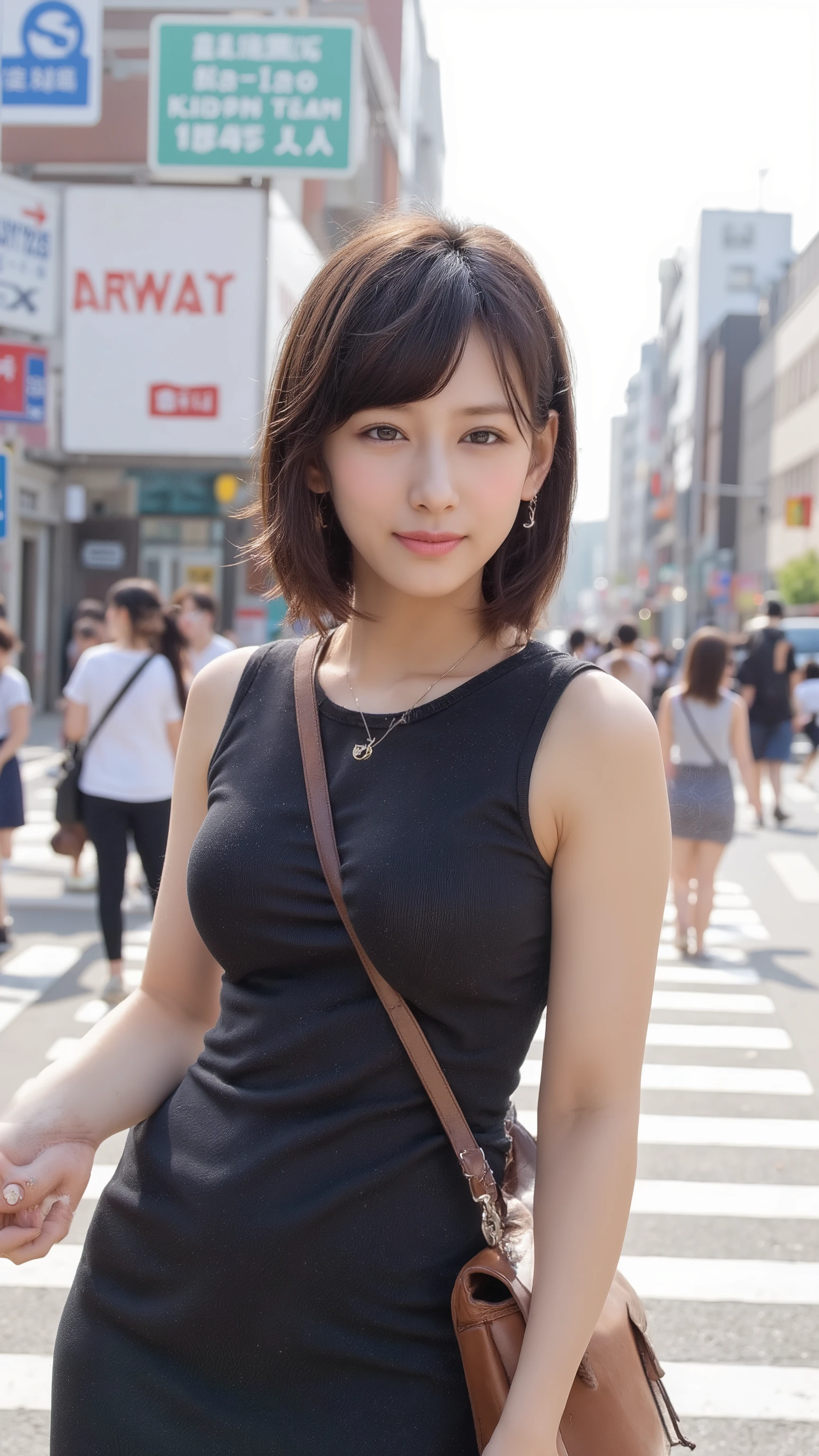 ((highest quality, 8K, masterpiece :1.3)), 1 girl, smile, whole body, big breasts、slim face, Beautiful woman, (dark brown hair), full length dress :1.1, super detailed face, fine eyes, double eyelid, blur background, slim face, city, outside, street,