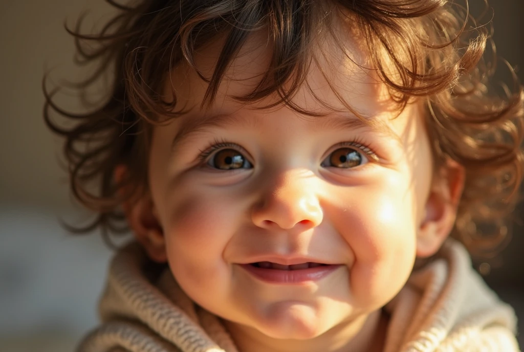 A beautiful baby with brown hair, approximately 2 or , She has light skin and is sitting on her bed looking happily at the camera with her chubby cheeks.. (The photo looks old, as if it had been taken in 2006 or 2007)