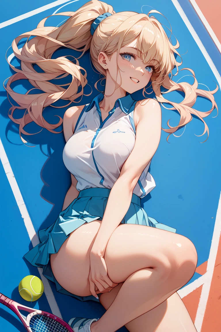 slim legs, laughing, cleavage, short skirt, navel, blue eyes, tennis player, thigh high socks, stand, blonde hair, long hair, short skirt