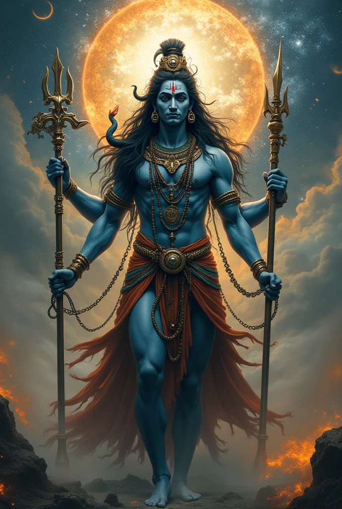 Shankar Bhagwan&#39;s length from earth to interior is 10 hands, Trishul in one hand, Earth in one hand, Mangal planet in one hand, Surya Dev in other hand, Shankar Bhagwan taking out a huge snake from his neck, Shankar Bhagwan&#39;s third eye is open, Vishnu Bhagwan standing on Sheshnag and shining, touching his lap, Brahma Ji sitting on lotus flower, saluting Shankar Bhagwan with folded hands, 10000 gods standing touching the lap of Shankar Bhagwan