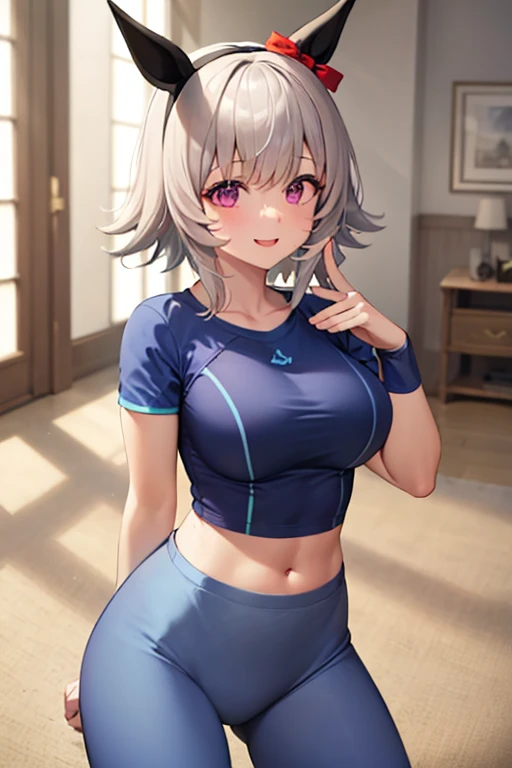 (((masterpiece))), ShizukaMikazuki, One Girl, alone, View your audience, Long Hair, Gray Hair, Long sleeve, Cleavage, Huge big breasts,clavicle, Mature Body,Healthy Abs,Make your face a little smaller,Make your breasts bigger,tall,Blushing,Pie Ponytail,Blouson, Open clothes, open Blouson, blue Blouson,nude,Black sports bra,Black hot pants, Play sports often, Choker with charm,Earrings,Belly piercing,Laughing embarrassedly,blue eyes,natural Park,Shooting from an angle,Sweat all over,