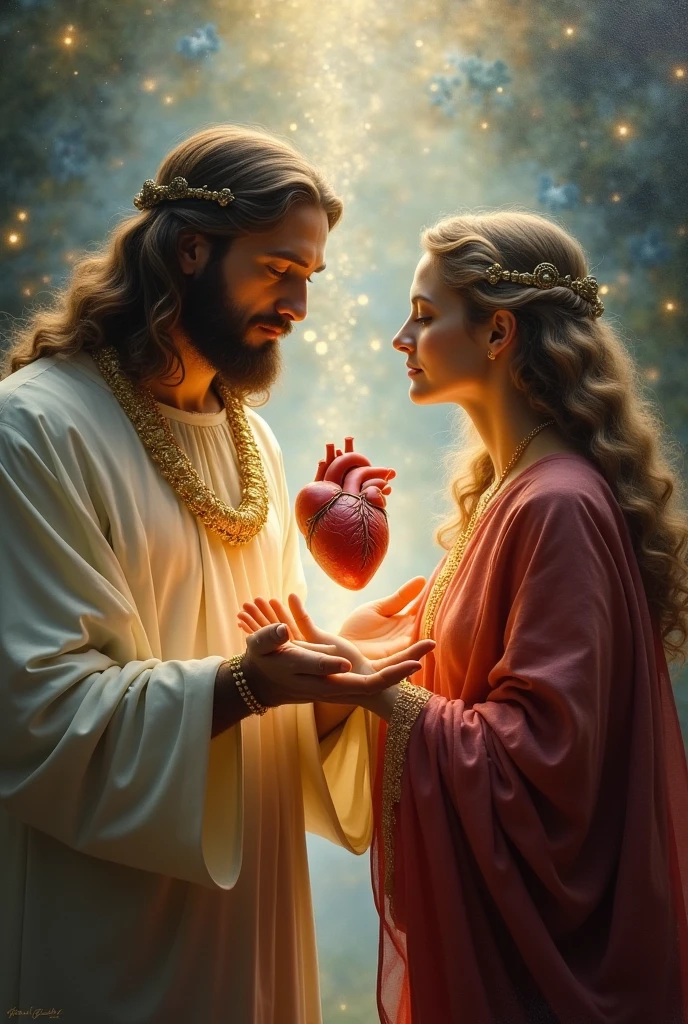 Create a detailed and classic image of the "Sacred Heart of Jesus and Mary" vertically divided, with Jesus on the right and Mary on the left, in an ethereal celestial setting. Jesus should be portrayed with light olive skin, a well-groomed beard, dark brown wavy hair falling to his shoulders, dark brown eyes, wearing a red velvet or silk tunic and a light, flowing white cape tied with a golden cord at the chest. The Sacred Heart should be surrounded by flames and crowned with thorns, radiating a golden glow. Mary, with fair skin, a serene face, light brown eyes, and dark brown straight hair, should be dressed in a flowing sky-blue mantle over a fitted white tunic. Her Immaculate Heart should be encircled by a crown of roses, surrounded by flames, and pierced by a sword. Both should have radiant halos around their heads, with golden light radiating from them, while angels observe in the background amidst soft clouds.