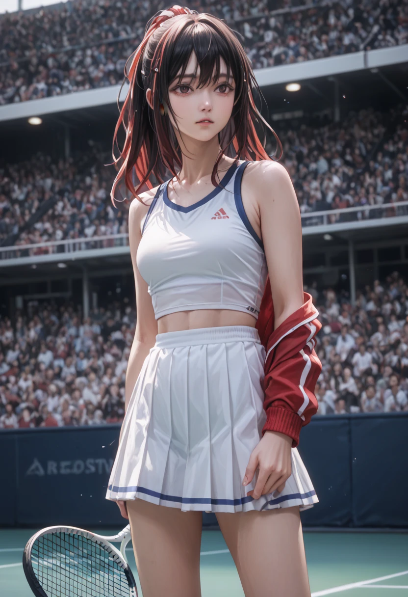 nicenature, 1 female tennis player，One guy，tennis dress，(slenderness:1.3)、flipping skirt，Tennis racket in hand，dynamicposes，(stadio:1.5)、closeup cleavage、RAW photography, top-quality, A high resolution, (tmasterpiece), (Photorealsitic:1.4),sharp focus, NFFSW, 8K resolution, intricately details, depth of fields, the Extremely Detailed CG Unity 8K Wallpapers, Frontlighting,