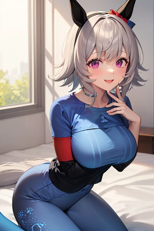 highest quality,((highest quality)),((Tabletop)),((Perfect Face)),1 girl,(Background Blur), One girl, labrynth, Silver Hair, Grey Eyes, big breasts, horn, Red tracksuit, Wearing a red jersey,Detailed, 5Finger, 五Fingerの手, Unzip, Cleavage,A refined laugh, Exquisite, blush,Lazing around in bed,