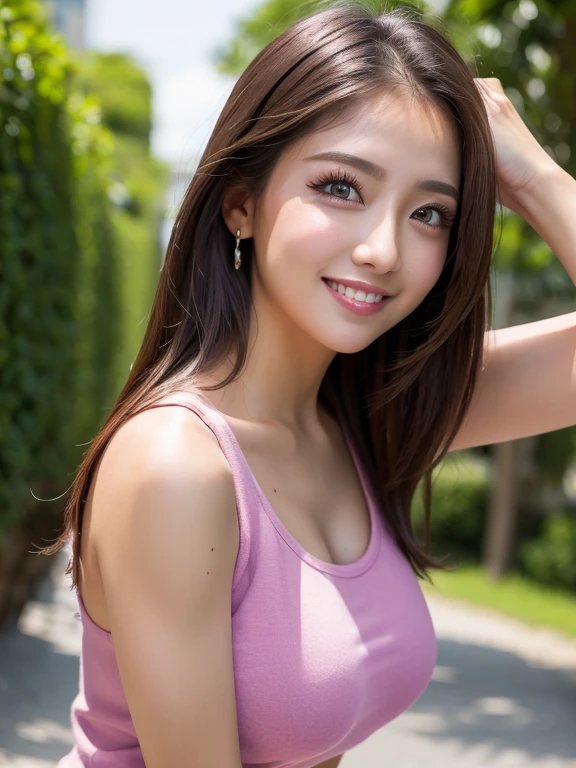 Fashion Model, 20-year-old [[[[close]]]], [[[[Boobgasm]]]], [[[[collect]]]], [[[[shoulder]]]], Perfect Eyes, Perfect Iris，Perfect Lips，Perfect Teeth，Perfect Skin，Sunburn，Soft Front Light，High resolution，casual，The background is outdoors，Full Body Shot、Sexy pose、Tank top、1 girl、smile、