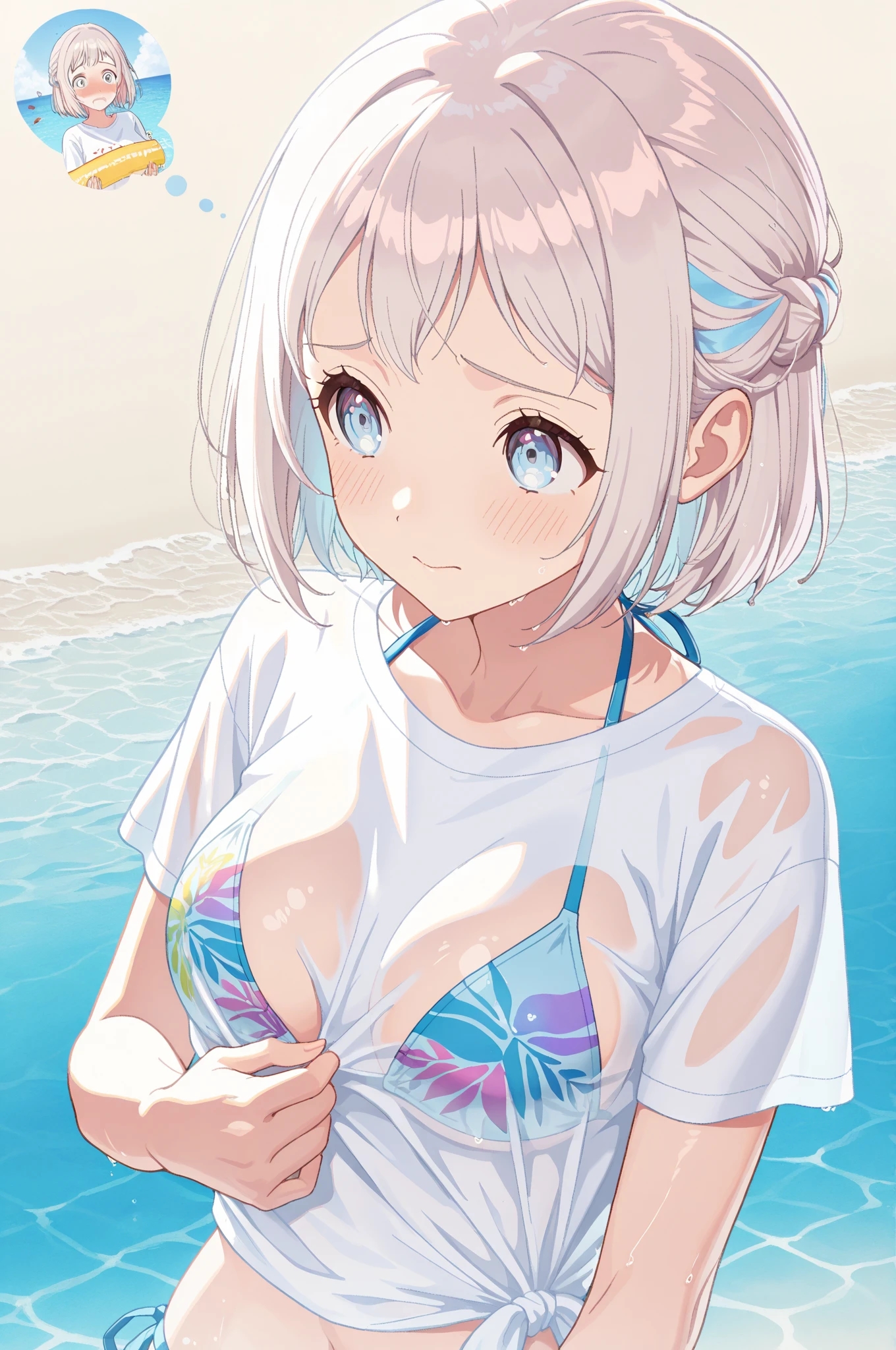 16k,8k,4K, lilja-default , katsuragi lilja,cute,blue eyes,white hair,short hair,braid,bikini,blush,leaning forward ,breast focus,,big breast,thick thighs,shiny skin,white background