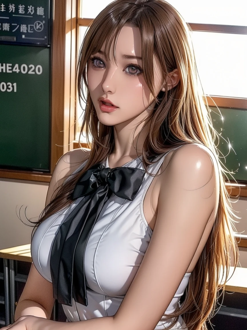 (8ก, 最high quality: 1.2), Very detailed, Complete solution, (Realistic, Realistic photo: 1.37), Portraiture, High resolution RAW color photograph, Professionally arrested, High resolution and beautiful, High resolution, 8ก Image Wallpaper, Amazing details, Large file size, Very detailed美しい女の子, Very detailed face, (Super beautiful, well-defined eyes:1.8), The nose is precisely shaped., expressive lips,(sunset,Classroom Background:1.2) , One Story, pretty girl, Realistic、 (Movie Scenes,Fantasy art,最high quality,high quality,High resolution,High quality texture,Attention to detail,Beautiful details,Fine details,Very detailedCG,Detailed Texture,Realistic representation of face,Tabletop,before,dynamic,bold),1 Girl,Very detailed肌,curve,(topless:0.8),Beautiful breasts,Small breasts,Pale skin,Pointed Chest,Erect nipples,(Very fine hairs),(Very soft hair),(Super Straight Hair),Long, slicked bangs,Very light coppery amber hair,Hair on one eye,Very lean body,Smart Abs,( School teacher clothes:1.5),((In the warehouse of the gymnasium)),((Shirtless))