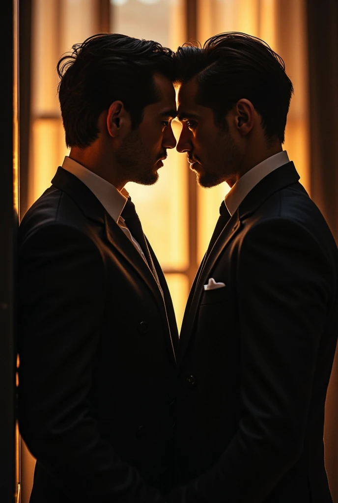 Create a dramatic, silhouetted image featuring two figures of men in an intense moment of connection, their faces close together as if about to kiss. One of the figures holds a gun, adding an element of danger and intrigue to the scene. The background is a stark, lighted rectangle, contrasting with the dark silhouettes of the characters. The overall atmosphere should be mysterious and charged with tension, hinting at a story of forbidden love or a dangerous alliance.
