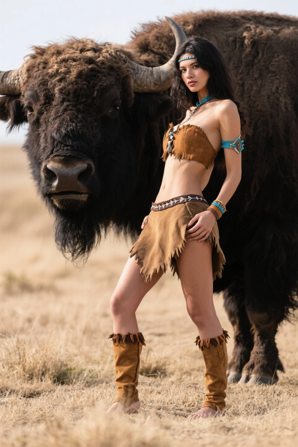 Generate the image of an indigenous woman in a sexy bikini standing next to a buffalo
