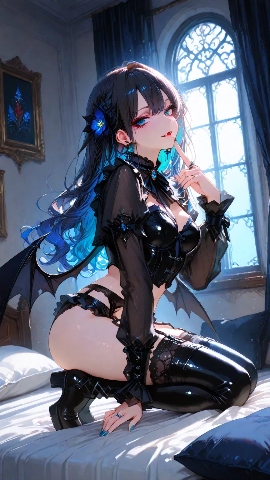 Anime - style image of a woman in black and blue costume lying on the bed, beautiful Succubus, highly detailed art germ, Succubus in tight short dress, ! dream art germ, Succubus, seductive anime girl, Trending on Art Station Pixiv, devil anime girl, art station artgerm on pixiv, pixiv 3DCG
