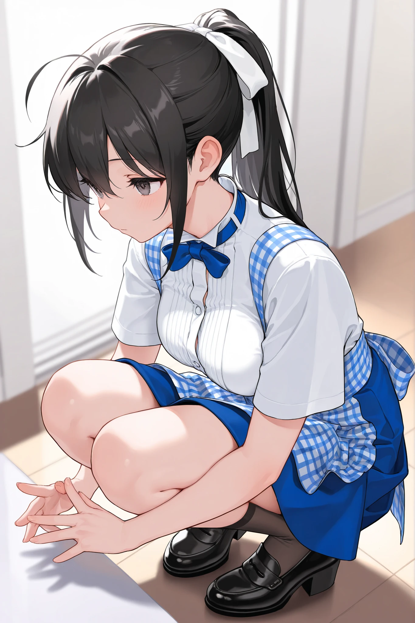 Cute asian girl, busty, sailor school outfit, wet see through shirt, sailor uniform, massive tits, massive ass, on knees bending over side view, Japanese classroom, toys in back, vibrant colors, bending body, hair tied up, man infront pants down, sucking man’s penis, sucking man’s dick, fellatio,