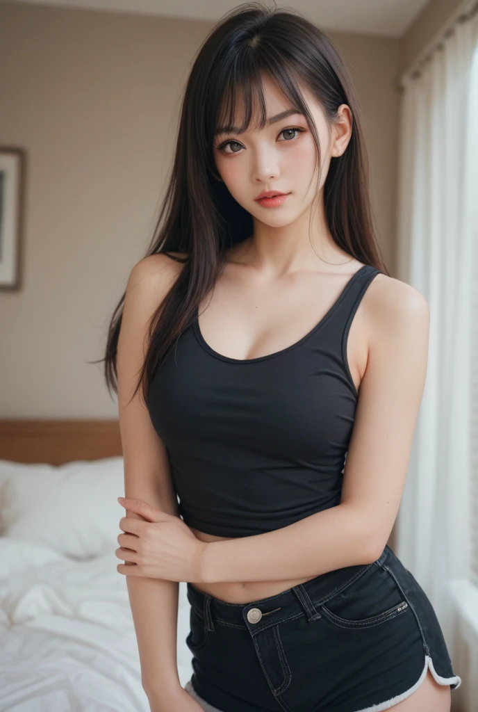 Masterpiece: 1.25, Best quality, High resolution:1.35, RAW photo:1.2, Photorealistic:1.37, Hyper-realistic, 16K, ((1girl)), Cute face, Long eyelashes, detailed eyelashes, eye shadows, glowing eyes, realistic eyes, Natural makeup, Clear facial features, Curvy build, Skinny, Slender body, Fine detailed beautiful eyes: 1.2, Happy Expression, Ulzzang, Erotic thighs, Lustrous skin, Dynamic pose, Cowboy shot, (Skin tight black top: 1.2), Strap panty, Show armpits, Small perky breast, Side breast, Photon maping, Cinematic lighting, symmetry, Elegance, Standing pose