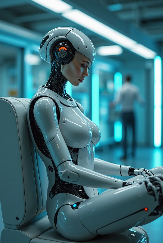 Create realistic image of humanoid robots in white and orange colors by manufacturing parts and other robots in a Xiaomi factory