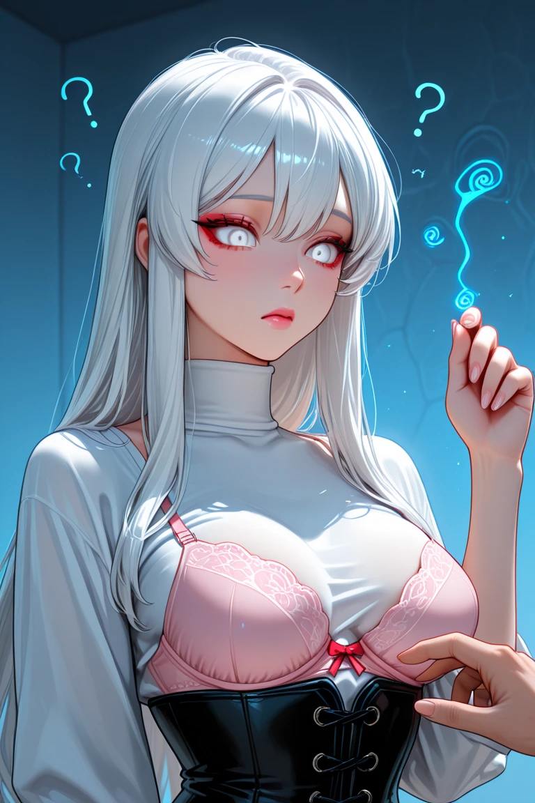 Lying on bed, 1 girl, sinister pose, sexy pose, shin hanga, seductive anime girl, big tits, full body portrait, showing delicate slender body and graceful curves, correct limbs, underwear, messy clothes, big breasts, broken black silk, sexy pose, exposed clothes, breast enlargement, sexy pose, full body portrait, lying in bed, sinister pose, correct limbs, (between legs: 1.3), high resolution, (cleavage: 1.3), gray hair, bangs, cramped room, white hair, erotic lingerie, torn black over-the-knee socks, blushing, shyness, clothes lift, 4K