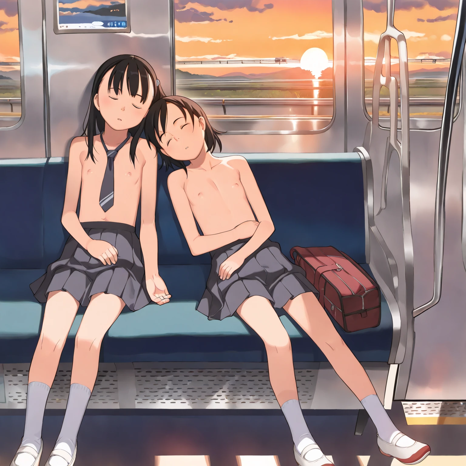 ((croud of Nudists lady two-tone hair surrounded by smiling boys))、naked , Amazing Angle、group Selphy、happy、Play with lover、knees
